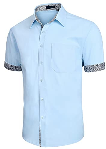 Enlision Men's Dress Shirt Short Sleeve Shirts Blue Button Up Casual Shirts XL