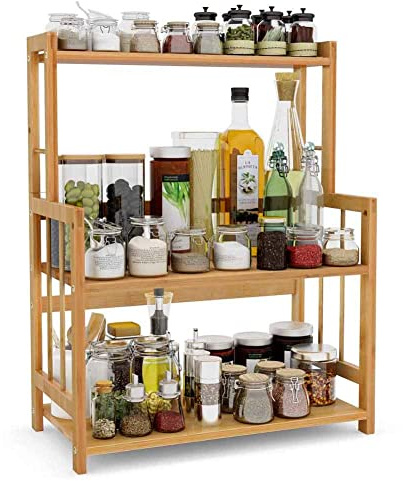 BAKAJI Soporte para especias Estantería de madera con 3 estantes para especias, tarros y accesorios de cocina, estante central ajustable, diseño 53 x 42 x 18 cm