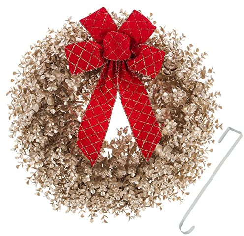 Kuimen Wreath, Gold Christmas Front Door Wreaths. This Wreath Comes with a Door Hanger and a Bows, for Winter and Christmas Decorations. for Decorate Doors, Windows, and fireplaces.