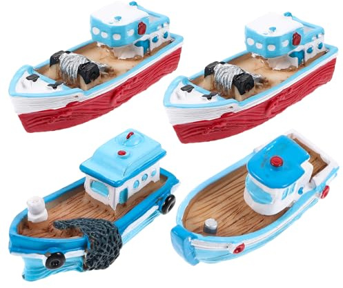 Toyvian 4 PACK Miniature Boat Dollhouse Boat Sea Fishing Boats Ornament Plastic Boat Ornament Resin Cruise Models Micro Landscape Boat Mediterranean Handmade Boats Toy, Random Style