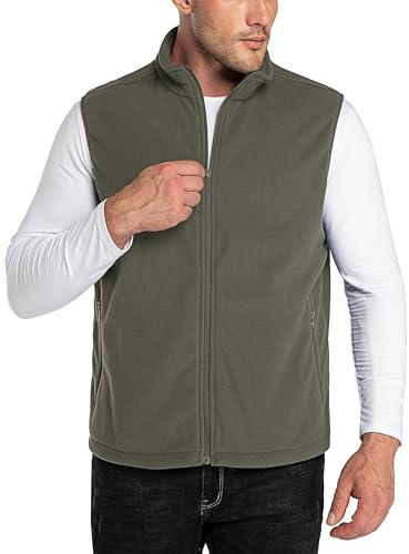 33,000ft Chaleco de forro polar para hombre, cuello alto, ultraligero, para exteriores, sin mangas, chaqueta de forro polar, con bolsillos, cremallera, verde oliva, M