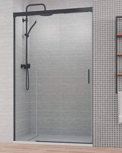 Mampara de Ducha Frontal Corredera 3 Hojas | 2 Puertas Correderas + 1 Fijo | Cristal Templado 6mm Antical | 195cm Altura | Perfil Negro Mate 155 cm (Adaptable 150,1-155cm)