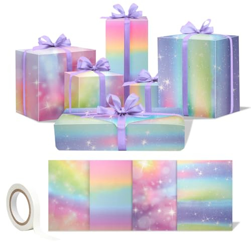 Wrapping Paper Birthday Gift Wrapping Paper Set,8 Sheets Rainbow Gradient Colour Birthday Wrapping Paper Gifts Wrap for Women Girl Female Fairy Girly,Valentine Day,Party Gift Wrapping Paper with Tape