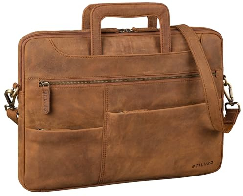 STILORD 'Farleigh' Pochette Ordinateur 15.6 Pouces Cuir Porte-Documents Étroite Sac de Travail Homme Housse Pc Portable en Cuir Veritable, Couleur:tan - marron - scuro