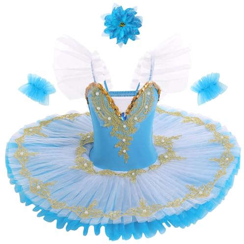 OBEEII - Vestido de ballet con lentejuelas bordados, ballet tutu leotardo danza clásica gimnasia leotardo traje, Azul 02, 7-8 Años