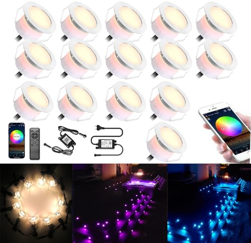Lote de 20 focos empotrables al aire libre RGB+blanco cálido Ø45 mm DC12 V IP67 Foco LED exterior empotrable foco led, funciona con Alexa, Google Home Spots Escalera Led Spot Empotrable Suelo