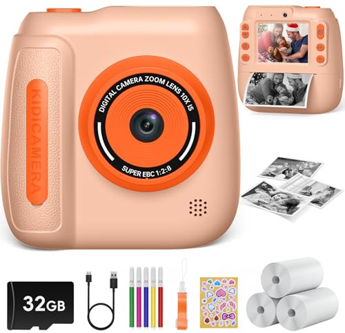 Hangrui Macchina Fotografica Bambini Istantanea, 2,4 Pollici 1080P Fotocamera Digitale Bambini con 32GB Scheda & Papier Photo, Videocamera Fotocamera Digitali per Ragazze Ragazzi da 3-9 Anni-Giallo