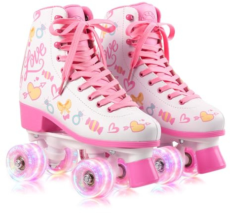 METROLLER Classic Roller Skates Girls Ages 8-12 Women's Quad Skates with Light up Wheels, High-top PU Leather Indoor Recreational Skates