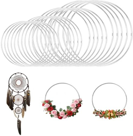 LIULINY 20 Pièces Cercle Metal, 5/10/15/20 cm Attrape Rêves Cercle Metal Argent, Anneau Attrape, Anneaux pour Art Flora Cerceau Decoration, Cerceau Mariage Decoration, Décoration Murale Arts Créatifs