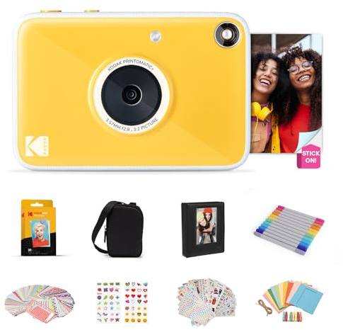 KODAK Printomatic+ 10MP Färg-Immediatekamera Presentpaket med Väska, Zink 2x3” 20 ark, Album, Klistermärken och Pennor – Gul