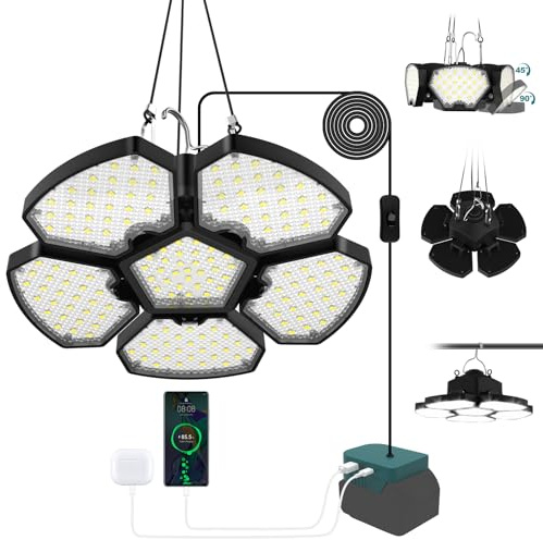 T-SUN 2000LM Lampe Suspendue LED Compatible avec Ma-kita 18V, Suspension LED 65W, 2 Modes d'éclairage, 6000K Lampe de Camping Portable avec USB et Type-C pour Jardin Chemins Garage(Sans Batterie)