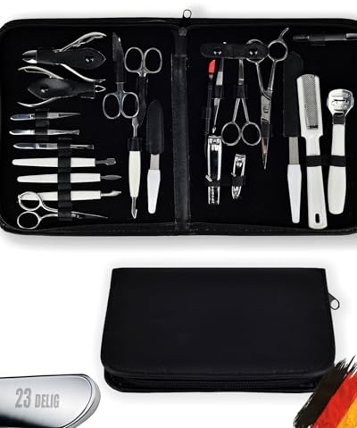 GGS Set Manicure Pedicure 23 Pezzi in Acciaio Inox - Kit Unghie con Forbici, Tagliaunghie, Tronchesina per Cuticole, Pinzette, Lime, Raspa Calli, Astuccio Nero con Zip, Donna e Uomo, Made in Solingen