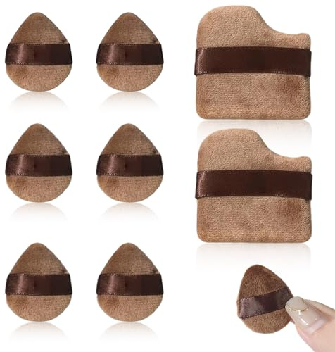 Juego de 8 borlas triangulares para polvos, esponjas de maquillaje de poliuretano hidrofílico, suaves para base de maquillaje y polvos sueltos, color marrón, tamaño viaje.
