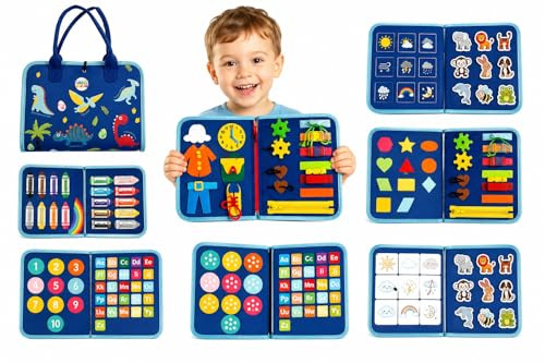 ASK Kiddie - Montessori Busy Board Toddler Activity Book – Educational & Portable Travel Learning Toy with Zippers, Buttons, Fine Motor Skills & Sensory Activities (Ages 3 4 5 6 7 8)