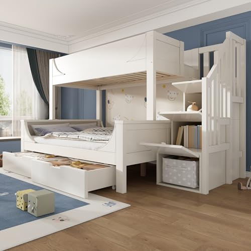 NuvlaGu Bunk Bed for Kids 90x190 & 135x190 cm, Wooden Bunk Bed with Storage Stairs & Drawer, Double Sleeper Bed with Storage Unit, Solid Wood Frame, White (No Mattress)