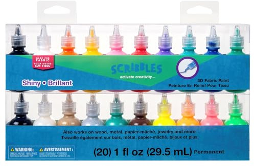Bulk Buy: Scribbles Shiny 3D Paint - Pack of 20 Ultra Bright, Nontoxic & Permanent Dimensional Paints for Fabrics, T-shirts, Backpacks, Posters, Glass, Wood and More, 1 Fl Oz (Pack of 20)