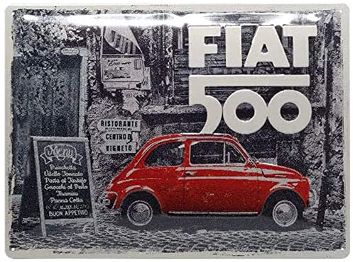 Nostalgic-Art Targhe Vintage, Fiat 500 – Red car in the street – Idea regalo per amanti di auto, in metallo, Design retro per decorazione, 30 x 40 cm