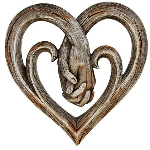 Top Brass Heart Holding Hands Wall Decor Decorative Art Sculpture - Faux Wood Finish - Forever Love