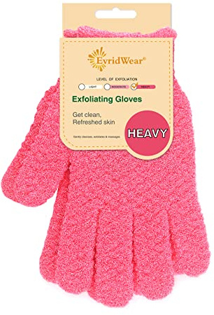 Evridwear Exfoliating Glove Shower Gloves Exfoliate Dead Skin for Dry Sensitive Skin No Irritation with Hanging Loop (Hot Pink Deep Exfoliation)