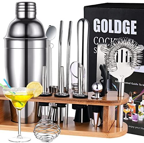 GOLDGE Cocktail Making Set, 17PCS Cocktail Shaker Set 750ML Stainless Steel Bar Tool Set, Bartender Kit with Wooden Display Stand & Cocktail Book.