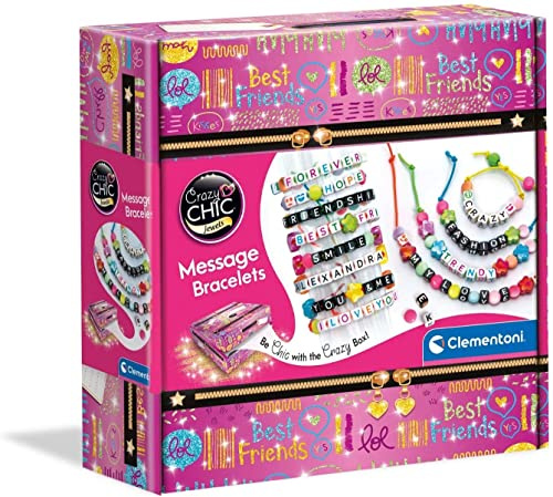 Clementoni | Crazy Chic – Message Bracelets Enfant 7 Ans+ | Kit Créatif Bijoux à Personnaliser | Lettres, Perles, Fils Élastiques | Coffret DIY Amusant | Activité Manuelle et Cadeau Créatif
