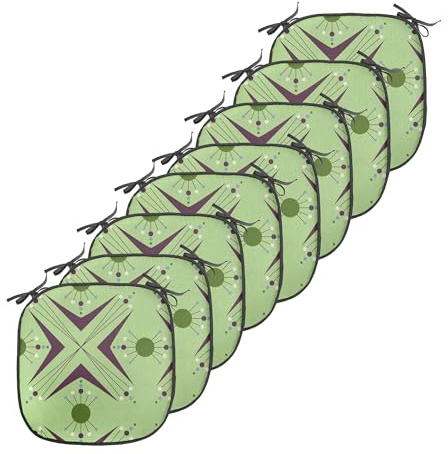 Ambesonne Mid Century Chair Seating Cushion Set of 8, Atomic Form Boomerang Details Dots and Crossed Lines, Anti-Slip Seat Padding for Kitchen & Patio, 16x16, Apple Green Indigo