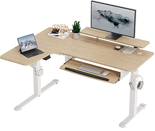 EUREKA ERGONOMIC Höhenverstellbarer Schreibtisch 155x110 cm Großer Eckschreibtisch Höhenverstellbar Schreibtisch Höhenverstellbar Elektrisch Gaming Tisch L Form mit Tastaturablage, LED Monitorständer