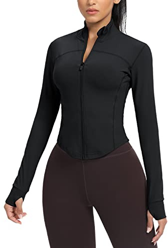 AVGO Women's Cropped Running Workout Jackets Zip Slim Fit Athletic Tops with Thumb Holes(Black, S)