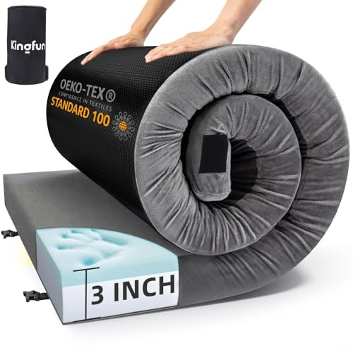 Kingfun 3 Inch CertiPUR-US Memory Foam Camping Mattress, Waterproof Roll up Sleeping Pad, Comfortable Thick Floor Sleeping Mats for Car Truck Tent with Removable Travel Bag (Cot, Grey)