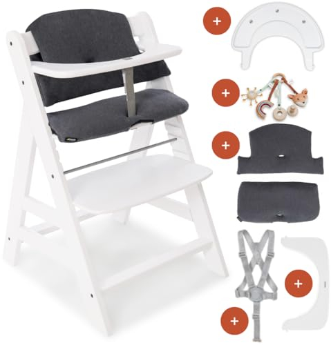 hauck Kinder Hochstuhl Alpha+ inkl. Play Tray Basis, Spielring Catching & Sitzpolster - Mitwachsender Babystuhl aus Holz, Kinderhochstuhl ab 6 Monate, verstellbar - Weiß