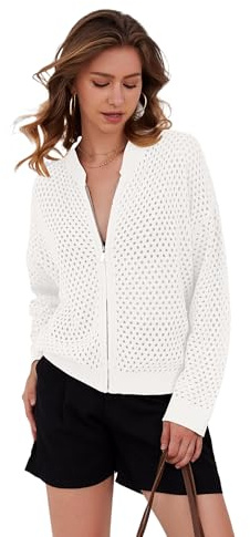 HOCANDY Womens Zip Up Crochet Cardigan Sweater Oversized Long Sleeve Hollow Out Knit Bomber Jacket Fishnet Sweaters