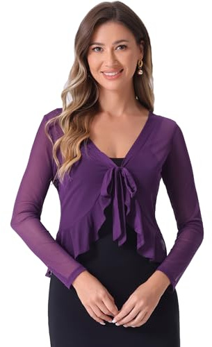 Allegra K Mujer Bolero de Malla con Volantes Cárdigan Bolero Informal de Manga Larga con Lazo Púrpura S