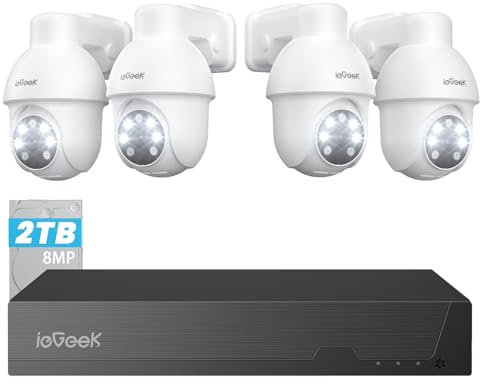 ieGeek【8MP+2TB HDD+360°PTZ】PoE Security CCTV Camera Systems with AI Human & Vehicle Detection, 4K Lite H.265+ DVR/NVR, 4PCS Home Security Cameras, Color Night Vision, Automatic Tracking, Remote Access