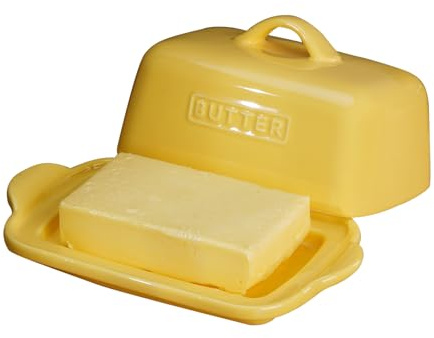 Butter Dish Fits Either a Whole 250g or a Full 500g UK Butter Block, Large Ceramic Butter Container for Countertop, Porcelain Butter Storage, JSHKY, Color-Yellow.