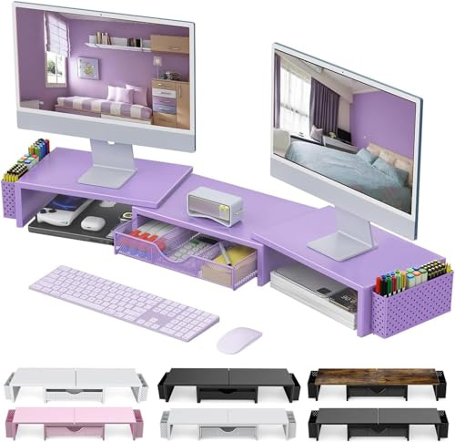 Pygocereri Dual Monitor Stand Riser, Metal Desk Accessories with Drawer and 2 Pen Holder, Adjustable Length and Angle - Computer Monitor Stand for Screen, Computer, Printer (Purple)