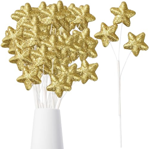 CREATCABIN 24 stycken gyllene stjärna plockare glitter stjärna plockare skum gnistrande pentagram vasfyllare bordsdekoration för julgran bröllop födelsedagsfest 23,6 x 8,9 ~ 9,5 x 1,7 cm