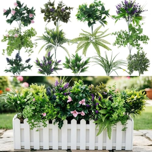 Laelfe Konstgjorda växter för utomhusbruk, UV-resistenta syntetiska vegetationsblad med stjälkar, falska växtbuskar för utomhusbruk (13, grön växt med blommor)