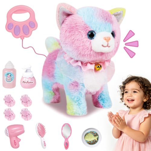 NKFBEV Jouet Électronique en Peluche, Chat en Peluche Interactive aux Jouets Filles, Chat Robot avec Marche avec Laisse Télécommandée, Queue remuant et Aboie, Fille 3-6 Ans Cadeau Anniversaire Noël