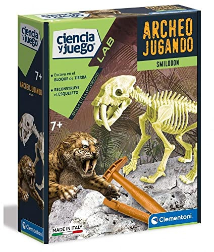 Clementoni, Arqueojugando Smilodon fosforescente, Juego científico para excavar y Montar Dinosaurios a Partir de 7 años, Juguete en español (55034)
