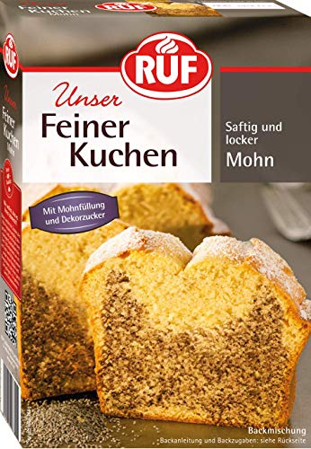 RUF Feiner Mohnkuchen, Backmischung für einen Rührkuchen mit herzhafter Mohnfüllung und Puderzucker, kann auch mit Früchten verfeinert werden, 1x465g