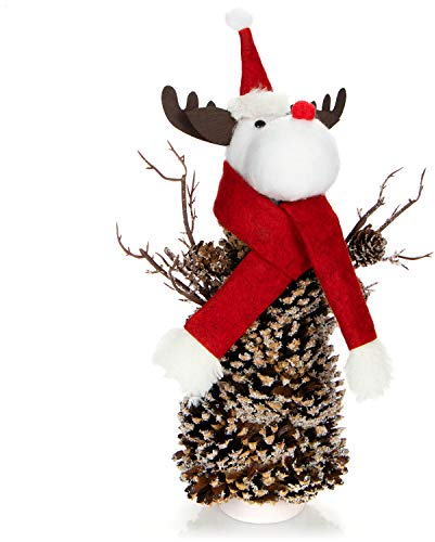 COM-FOUR® Rentierfigur Rudolf Größe L, winterliche Elch-Figur mit Tannenzapfenkörper, weihnachtliche Dekoration, hinreißende Tischdeko zur Adventszeit (Rentier L weiß rot)