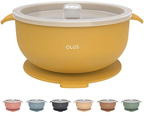 Olgs Silikon Schüssel mit Deckel & Saugnapf für Baby und Kinder | Breischale rutschfest Senf, Gelb | Kindergeschirr Silikonschüssel für Junge/Mädchen | BPA-frei, Spülmaschinenfest (Mustard)
