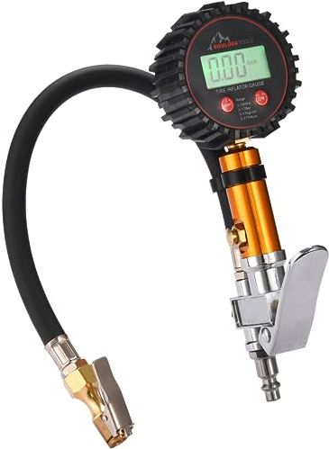 Boulder Tools Tire Pressure Gauge with Inflator - Heavy Duty 0-250 PSI LED Digital Tire Inflator Gauge with Air Chuck Lock, Bleed Valve - Air Compressor Accessories for Car, Motorcycle, Bicycle Tires