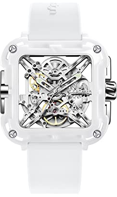 CIGA Design Watch for Women - X Series Machina Mechanical Automatic Wristwatch Ceramic Fashion Skeleton Style Sapphire Crystal with Silicone Strap and Gift Box(White)