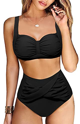 Vancavoo Bikini Damen Set High Waist Zweiteiliger Badeanzug Push Up Rüschen Einstellbar Bikinioberteil Bikini-Sets Bademode Curvy Swimsuit Beachwear,Schwarz,L