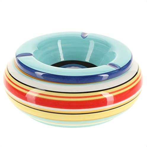 com-four® XL Windaschenbecher aus Dolomit-Keramik - wetterfeste Sturmaschenbecher mit bunten Streifen - großer Tischaschenbecher mit Deckel (01 Stück 19.5cm blau)