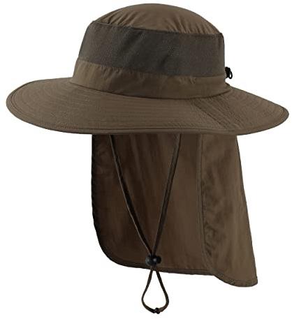 Magracy Unisex Womens Outdoor Wide Brim Sun Hat Mesh UPF50+ Safari Hats with Neck Flap Fishing Hats Olive Brown