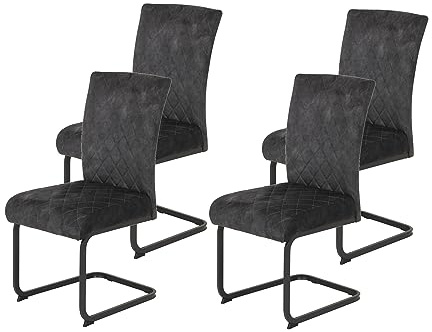 Hela Tische, 4er Set Esszimmerstuhl Rachel, Schwingstuhl, Microfaser Samt Anthrazit, Vierkantgestell Grau, Komfortsitz Federkorb, 140kg belastbar