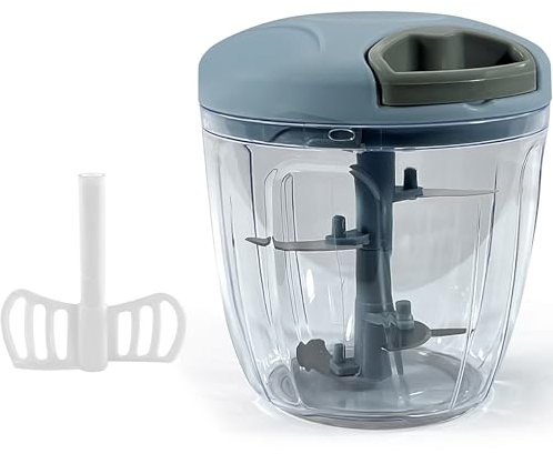 5 Blades Manual Food Chopper & Processor with Pull String - Handheld Vegetable Chopper - Kitchen Food Shredder, Onion Slicer Cutter Dicer Grinder, Garlic Chopper Press, Blender - Transparent 900ml