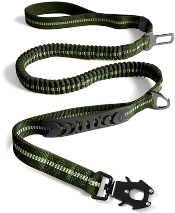 AIRUIDOG Heavy Duty Tactical Dog Leash, 4-6FT Shock Absorbing Bungee Lead with 2 Padded Handles, Metal Carabiner & Seatbelt Clip, Reflective No-Pull Leash for Medium/Large Dogs (ArmyGreen)